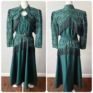 Vintage Lilia Smitty Forest Green Western Midi Dress size 11/12 modern size 8